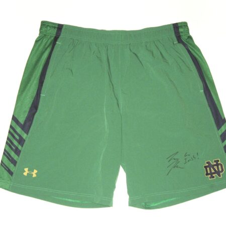 Tommy Kraemer Practice Worn & Signed Official Green Notre Dame Fighting Irish Under Armour 2XL Shorts