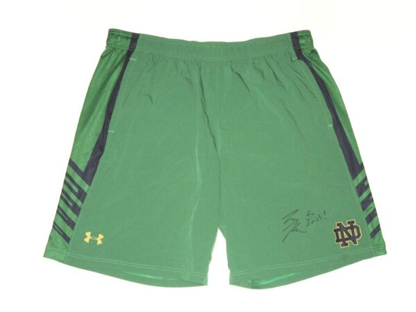 Tommy Kraemer Practice Worn & Signed Official Green Notre Dame Fighting Irish Under Armour 2XL Shorts