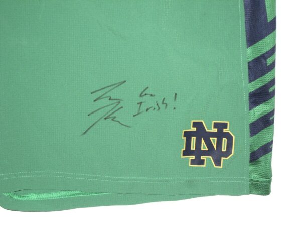 Tommy Kraemer Practice Worn & Signed Official Green Notre Dame Fighting Irish Under Armour 2XL Shorts