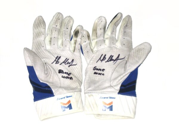 Max Moroff 2020 New York Mets Game Worn & Signed Blue & White Lizard Skins Batting Gloves