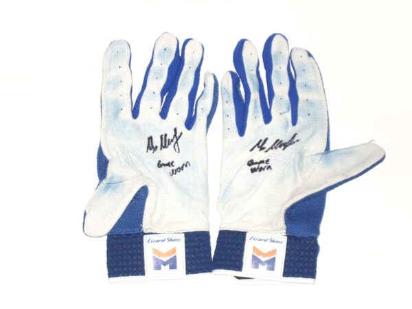 Max Moroff 2020 New York Mets Game Worn & Signed Blue & White Lizard Skins Batting Gloves