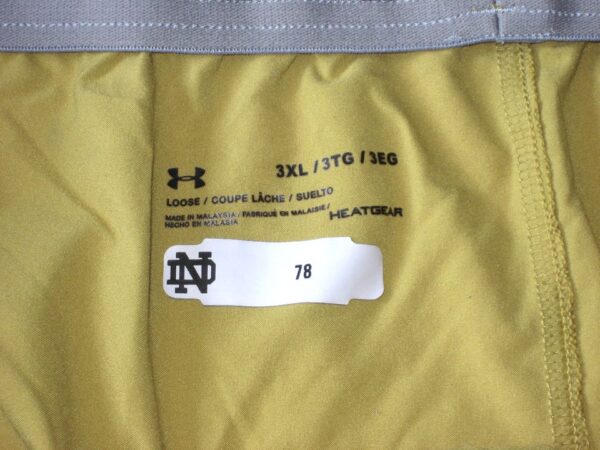 Tommy Kraemer Practice Worn & Signed Official Gold Notre Dame Fighting Irish #78 Under Armour HeatGear 3XL Shorts