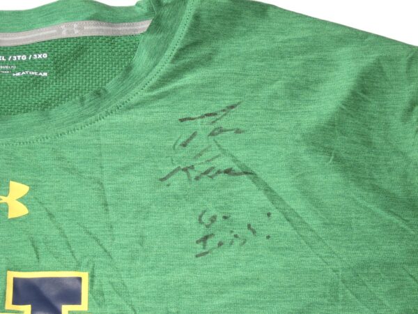 Tommy Kraemer Practice Worn & Signed Official Green Notre Dame Fighting Irish HeatGear 3XL Shirt