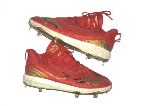 Shean Michel 2021 Rome Braves Game Worn & Signed Red & Gold Adidas Icon V Boost Baseball Cleats