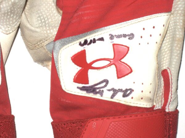 Andrew Moritz 2021 Rome Braves Game Worn & Signed White, Red & Grey Under Armour Clean Up Batting Gloves