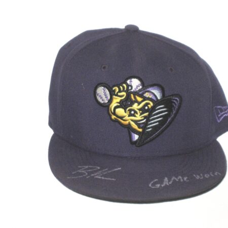 Bradley Hanner Game Worn & Signed Purple Fort Myers Mighty Mussels Alternate Authentic Collection On-Field New Era 59FIFTY Fitted Hat
