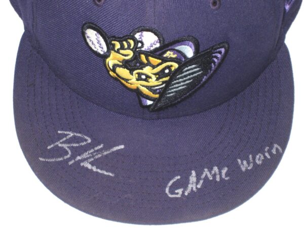 Bradley Hanner Game Worn & Signed Purple Fort Myers Mighty Mussels Alternate Authentic Collection On-Field New Era 59FIFTY Fitted Hat