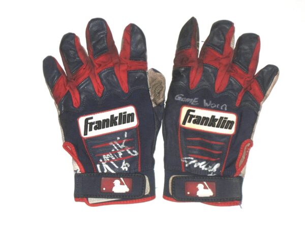 Cody Milligan 2021 Rome Braves Game Used & Signed Blue, Red & Grey Franklin Batting Gloves