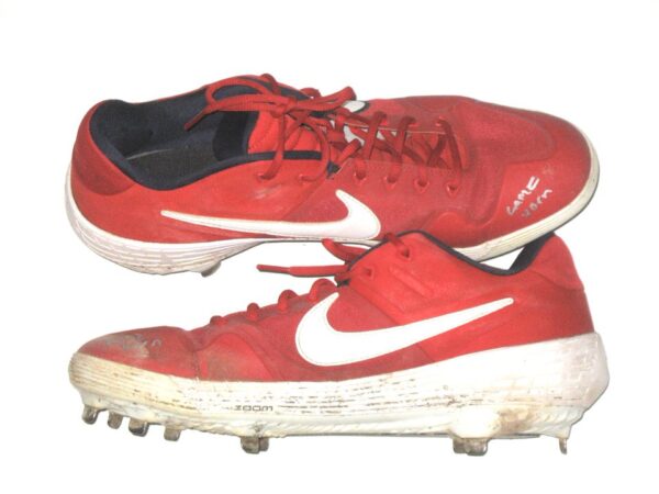 Matthew Swain 2021 Fort Myers Mighty Mussels Game Worn & Signed Red & White Nike Alpha Baseball Cleats