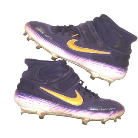 Matthew Swain Fort Myers Mighty Mussels Game Worn & Signed Purple & Gold Nike Alpha Baseball Cleats