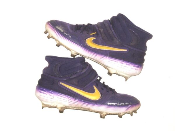 Matthew Swain Fort Myers Mighty Mussels Game Worn & Signed Purple & Gold Nike Alpha Baseball Cleats