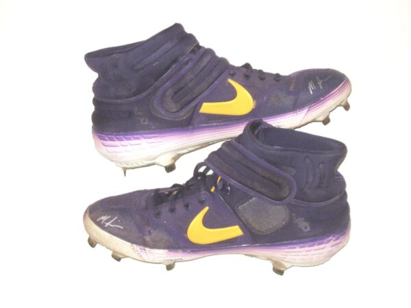 Matthew Swain Fort Myers Mighty Mussels Game Worn & Signed Purple & Gold Nike Alpha Baseball Cleats