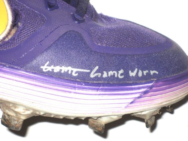 Matthew Swain Fort Myers Mighty Mussels Game Worn & Signed Purple & Gold Nike Alpha Baseball Cleats