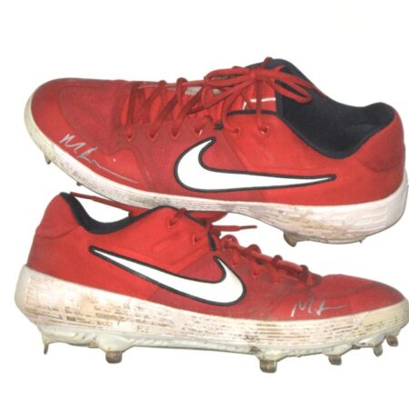 Matthew Swain Fort Myers Mighty Mussels Game Worn & Signed Red & White Nike Alpha Baseball Cleats