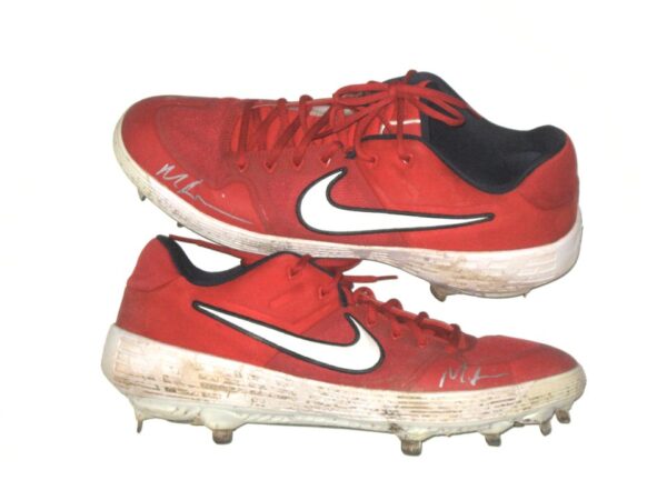 Matthew Swain Fort Myers Mighty Mussels Game Worn & Signed Red & White Nike Alpha Baseball Cleats