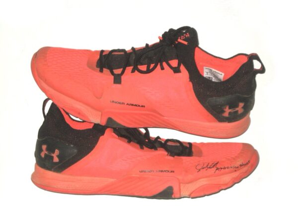 Jalen Miller 2021 Mississippi Braves Training Worn & Signed Orange & Black Under Armour Tribase Reign 2 Shoes