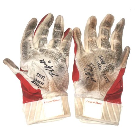 Drew Campbell 2022 Rome Braves Game Used & Signed Red & White Lizard Skins Batting Gloves