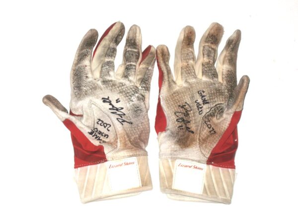 Drew Campbell 2022 Rome Braves Game Used & Signed Red & White Lizard Skins Batting Gloves