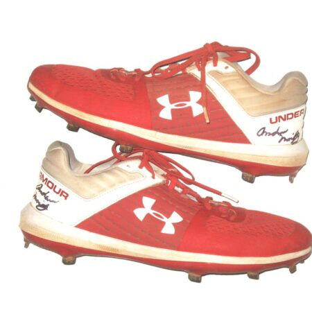 Andrew Moritz 2022 Mississippi Braves Game Worn & Signed Red & White Under Armour Baseball Cleats