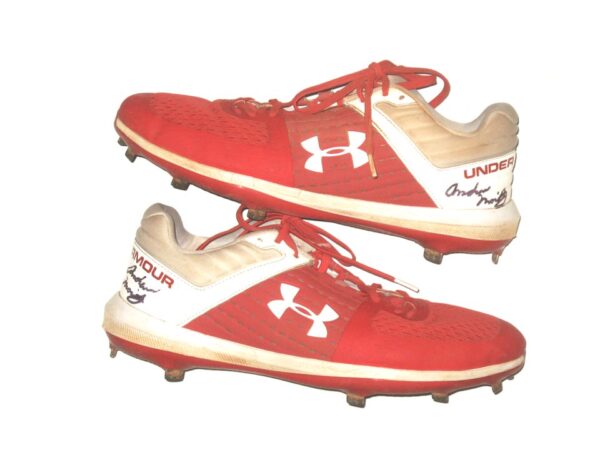 Andrew Moritz 2022 Mississippi Braves Game Worn & Signed Red & White Under Armour Baseball Cleats
