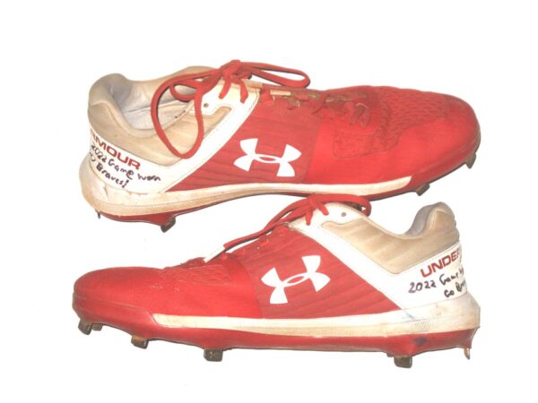 Andrew Moritz 2022 Mississippi Braves Game Worn & Signed Red & White Under Armour Baseball Cleats