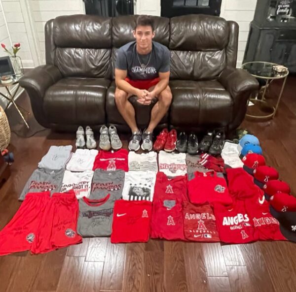 Coleman Crow with 2022 Game Worn & Signed Official Los Angeles Angels Nike Dri-Fit Shirt