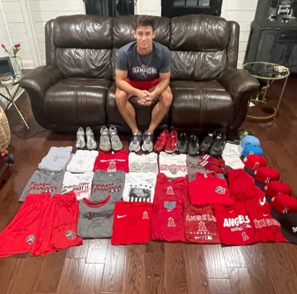 Coleman Crow with 2022 Game Worn & Signed Official Los Angeles Angels Nike Pro Hypercool Compression Shirt