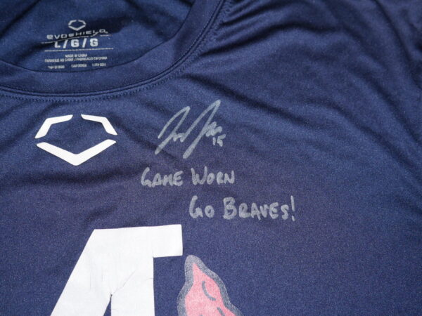 Jake Higginbotham 2022 Game Worn & Signed Official Blue Mississippi Braves #15 EvoShield Shirt1