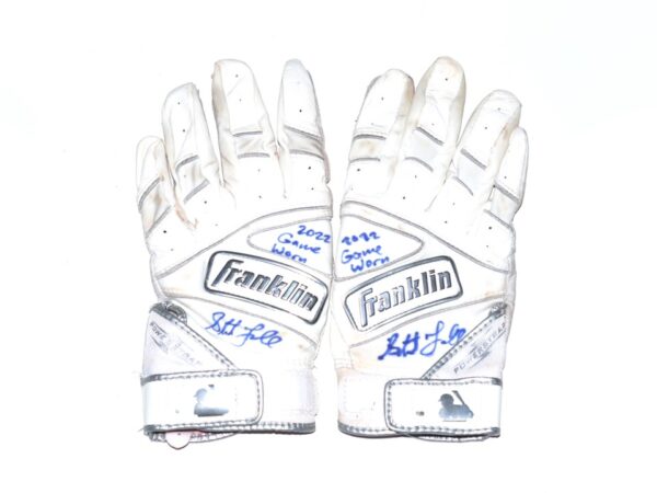 Stuart Fairchild 2022 Cincinnati Reds Game Worn & Signed White Franklin Powerstrap Batting Gloves - Great Use with a Huge Tear!