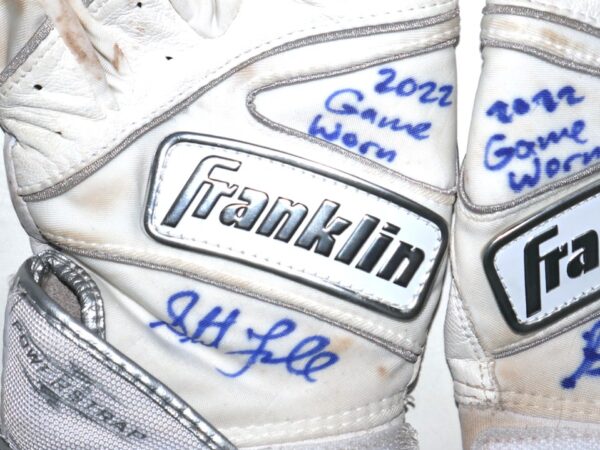 Stuart Fairchild 2022 Cincinnati Reds Game Worn & Signed White Franklin Powerstrap Batting Gloves - Great Use with a Huge Tear!