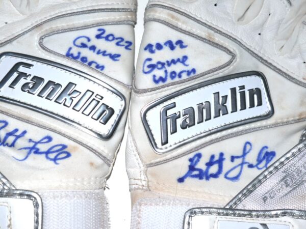 Stuart Fairchild 2022 Cincinnati Reds Game Worn & Signed White Franklin Powerstrap Batting Gloves - Great Use with a Huge Tear!