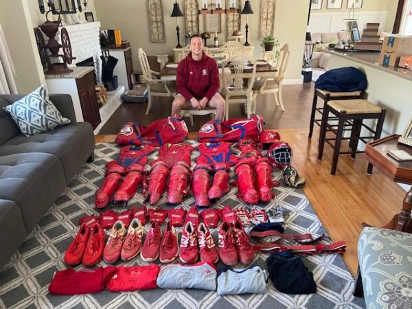 Logan O'Hoppe with 2021 Philadelphia Phillies Spring Training Worn & Signed All-Star LG21WPRO Leg Guards