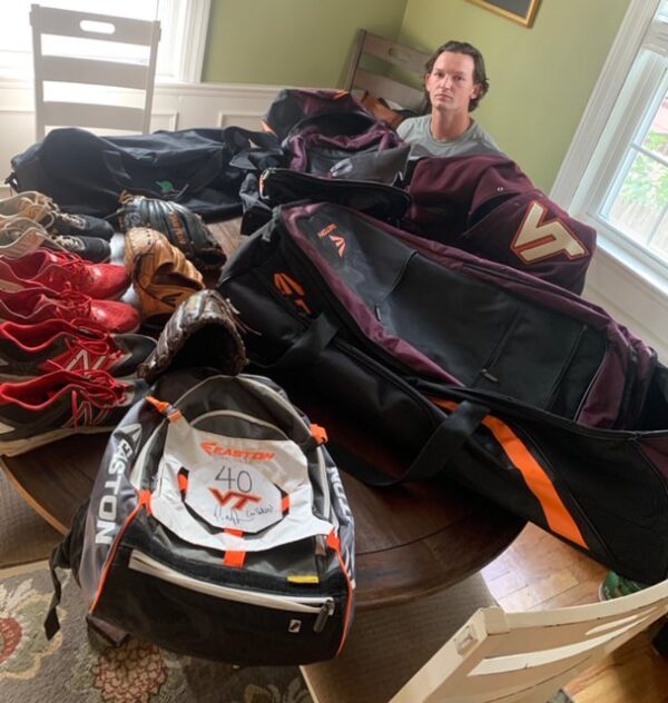 Packy Naughton with Virginia Tech Hokies Team Issued and Signed Easton Wheeled Baseball Bag - Used for Road Trips With Player ID Card!
