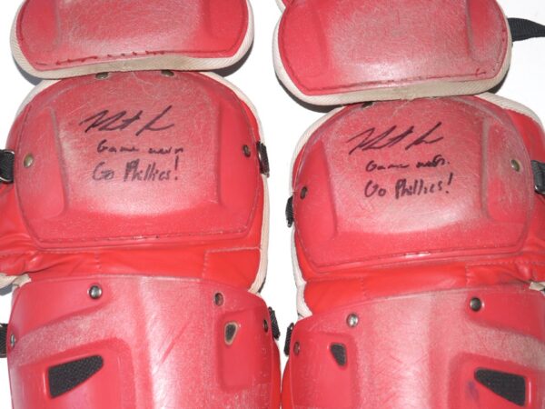 Herbert Iser 2022 Reading Fightin Phils Game Worn & Signed Go Phillies! Red Nike Vapor Catcher's Leg Guards