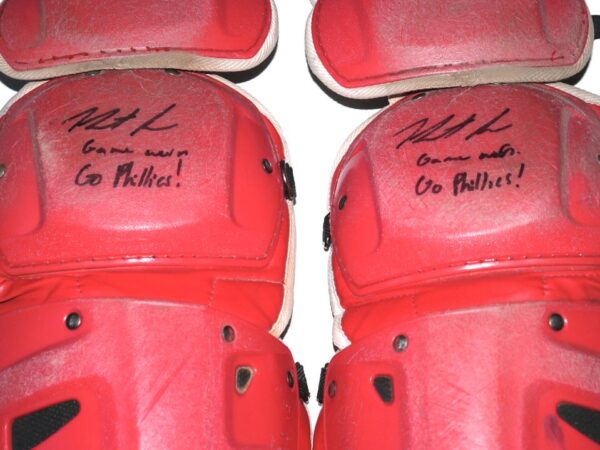 Herbert Iser 2022 Reading Fightin Phils Game Worn & Signed Go Phillies! Red Nike Vapor Catcher's Leg Guards