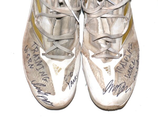 Indigo Diaz 2023 Somerset Patriots Training Worn & Signed White, Tan & Gold Adidas Adizero Shoes