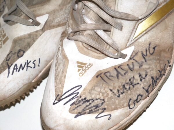 Indigo Diaz 2023 Somerset Patriots Training Worn & Signed White, Tan & Gold Adidas Adizero Shoes