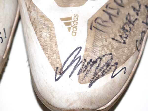 Indigo Diaz 2023 Somerset Patriots Training Worn & Signed White, Tan & Gold Adidas Adizero Shoes