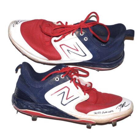 David McCabe 2023 Rome Braves Game Worn & Signed Red, White & Blue New Balance Baseball Cleats