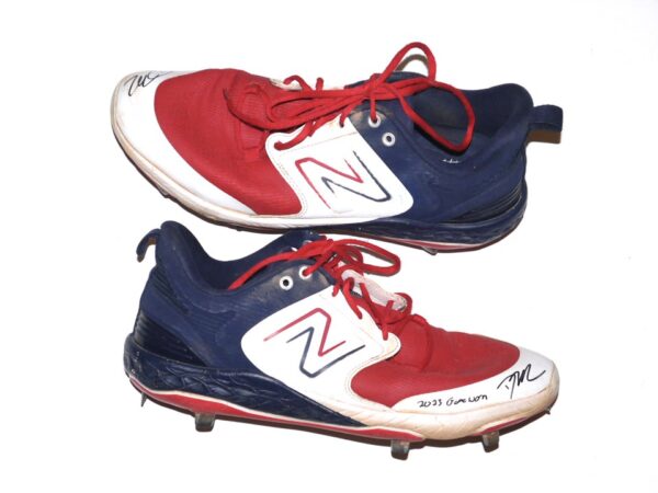 David McCabe 2023 Rome Braves Game Worn & Signed Red, White & Blue New Balance Baseball Cleats