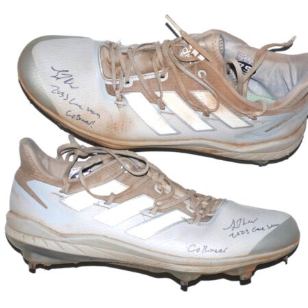 Luke Waddell 2023 Gwinnett Stripers #75 Game Worn & Signed Gray & White Adidas Adizero Baseball Cleats