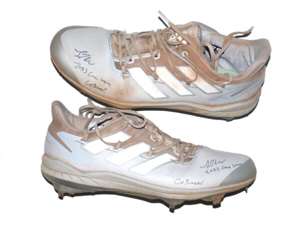 Luke Waddell 2023 Gwinnett Stripers #75 Game Worn & Signed Gray & White Adidas Adizero Baseball Cleats