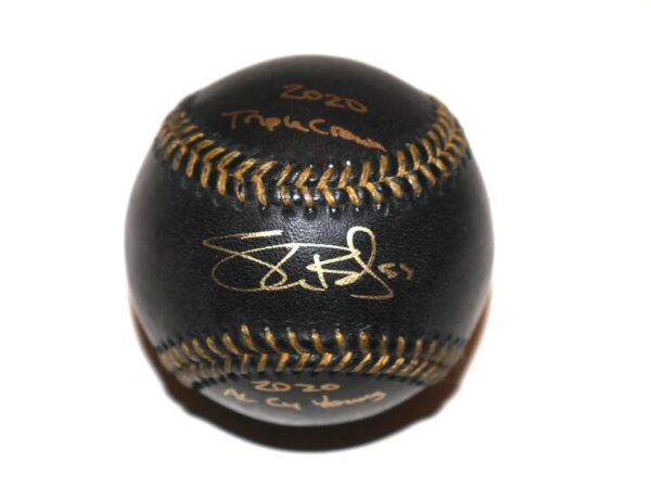 Shane Bieber Cleveland Guardians Signed Black Leather OML Baseball with 2020 Triple Crown & 2020 AL CY Young Inscriptions