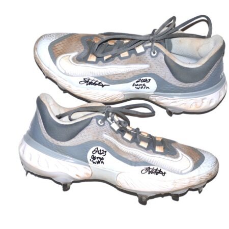 Javier Valdes 2023 Mississippi Braves Game Worn & Signed Gray & White Nike React Baseball Cleats