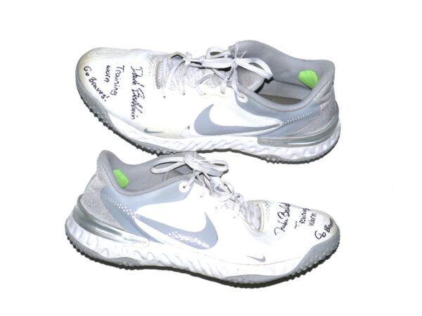 Drake Baldwin Augusta GreenJackets Training Worn & Signed Go Braves White & Silver Nike Alpha Renew Turf Baseball Shoes