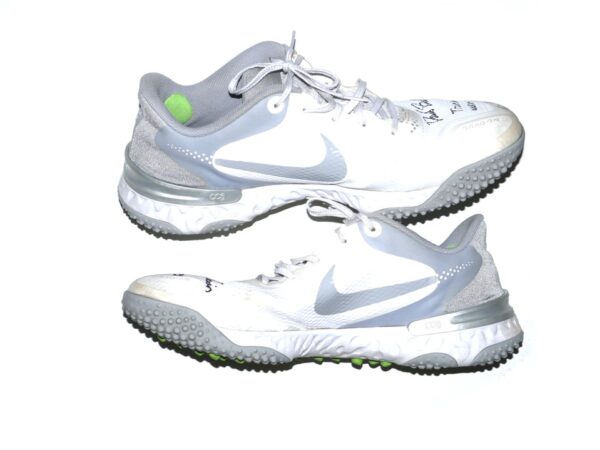 Drake Baldwin Augusta GreenJackets Training Worn & Signed Go Braves White & Silver Nike Alpha Renew Turf Baseball Shoes