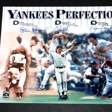 Don Larsen, David Wells and David Cone Signed New York Yankees Perfection 8 x 10 Photo - PSA