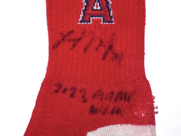 Logan O'Hoppe 2023 Game Worn & Signed Official Los Angeles Angels 14 O'Hoppe 4 Stripe Deuce MLB Socks