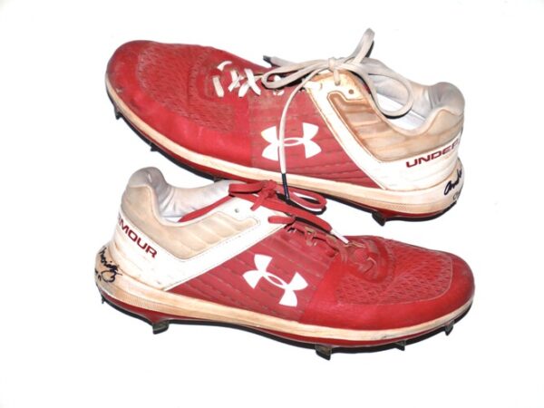 Andrew Moritz 2023 Lexington Counter Clocks Game Worn & Signed Red & White Under Armour Cleats