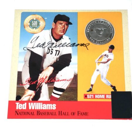 Ted Williams Autographed Signed Red Sox Hall Of Fame Cooperstown Photo Card with Pure Silver Proof Coin